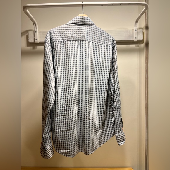 BUGATCHI shape fit, tailored men’s blue checkered dress shirt, large - Picture 7 of 13